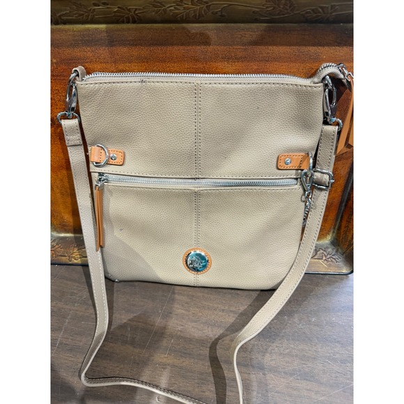 Joy Mangano Handbags - Joy Mangano Crossbody Bag Taupe Pebbled Faux Leather Messenger Purse Tan Trim